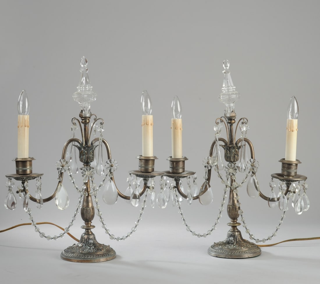 Pair 2-Light Silverplate & Crystal Candle Lamps (1 of 7)