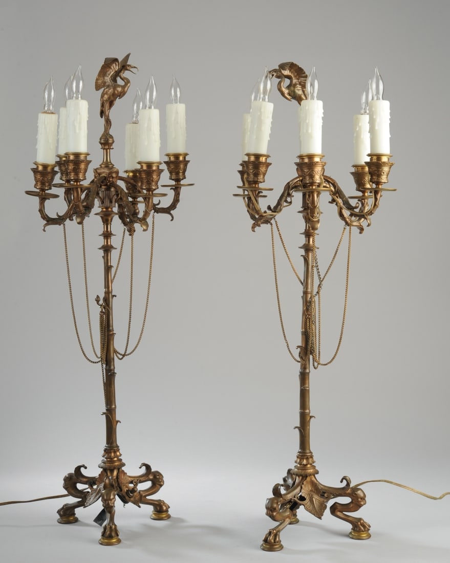Pair French Bronze 6-Light Candelabras Electrified (1 of 14)