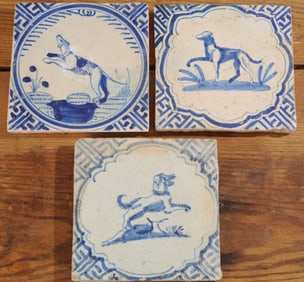 Three Dutch Delft Tiles with Hounds, 17th C.