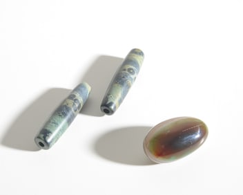 Two Tibetan Vintage Green & Black Dzi Beads +