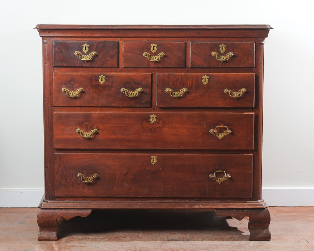 18th Century Philadelphia Walnut Chest of Drawers: Circa 1760, walnut with tulip poplar secondary, unusual drawer arrangement, overhanging molded top with ogee corner detail, molded base above bracket feet. H: approx. 36 1/4". W: approx. 39 1/4". D: a