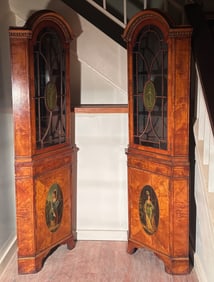 Pair of English Satinwood Veneered Corner Cabinets