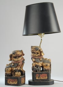 Carved & Gilt Wood Foo Dog Lamp + Figure