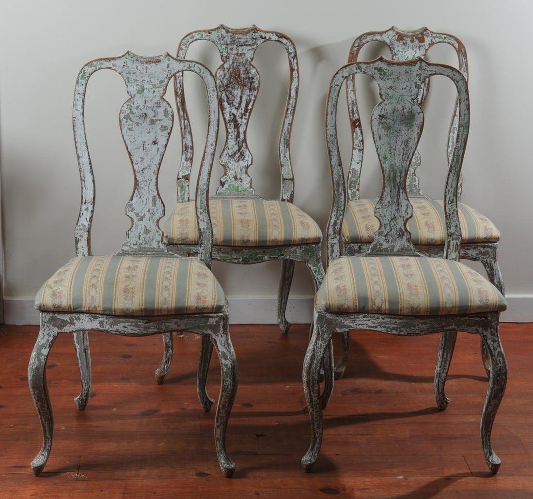 4 Painted Continental Queen Anne Side Chairs: With distressed layers of green, white and grey paint. Slip seats in brocade fabric. Approx. 20" W x 18" D x 39 1/2" H. Our primary recommendation is to arrange shipping yourself using Blue Ridge Pack
