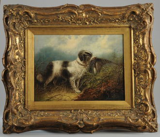 19th C. Sporting Painting: Dog with Pheasant