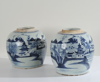 Pair Antique Chinese Blue & White Jars