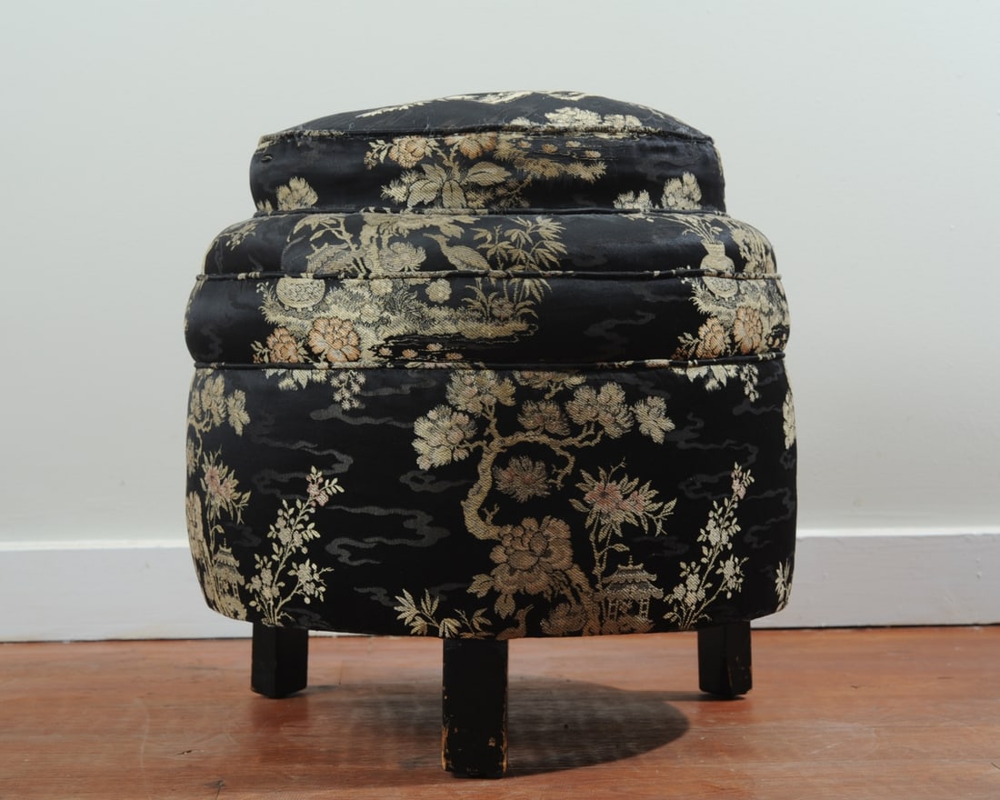 Tiered Drum Pouf Ottoman, Chinoiserie Fabric: Early to mid 20th C. tiered round stool or ottoman upholstered with black and white silk brocade chinoiserie fabric. Approx. 17" D x 19" H. Our primary recommendation is to arrange shipping yourself u