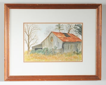 Vintage Watercolor on Paper, Barn Scene
