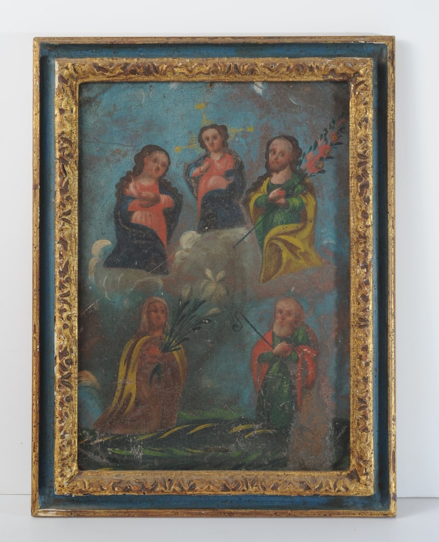 19th C. Mexican Retablo Sagrada Familia: Devotional painting on tin, the upper half showing the Holy Family, Mary, Jesus, and Joseph, seated in clouds. Below them, kneeling on green grass, is Saint Anne (Santa Ana) and Saint Jochim (San Joaq