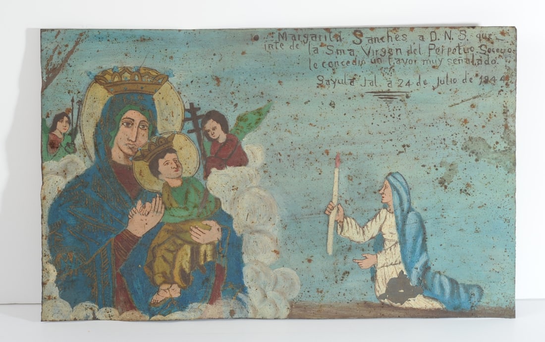 1944 Mexican Ex-Voto Painting on Tin: Dated July 24, 1944 devotional painting on tin in which Margarita Sanches of Sayula, Jalisco, Mexico, gives thanks to la Santisima Virgen del Perpetuo Socorro for granting an exceptional favor. An aut