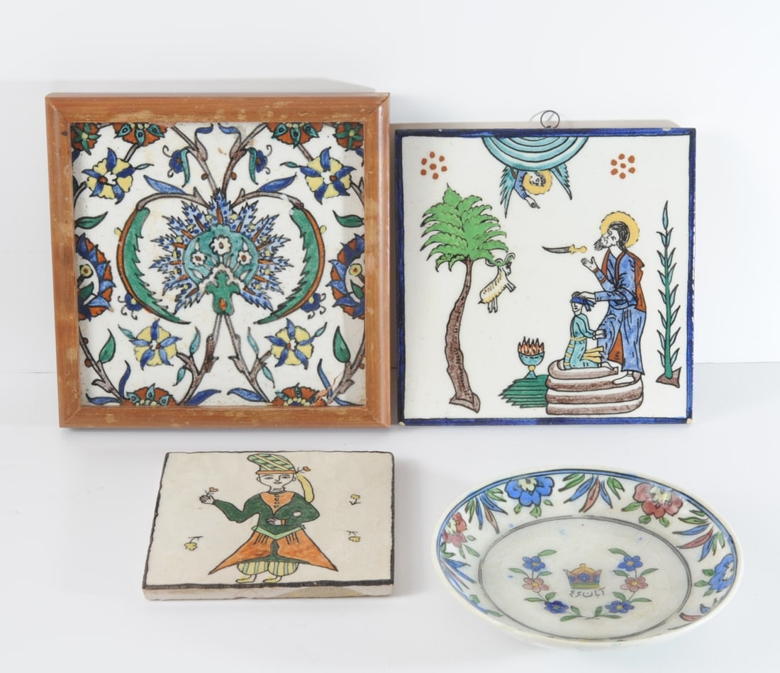 Vintage Iznik Style Armenian Tile +More: C. 1930-1960 Iznik revival tile in wood frame. Ottoman Iznik style, but made in an Armenian workshop in Jerusalem. Offered together with a smaller Armenian tile, c.1948-1967 showing a single standing