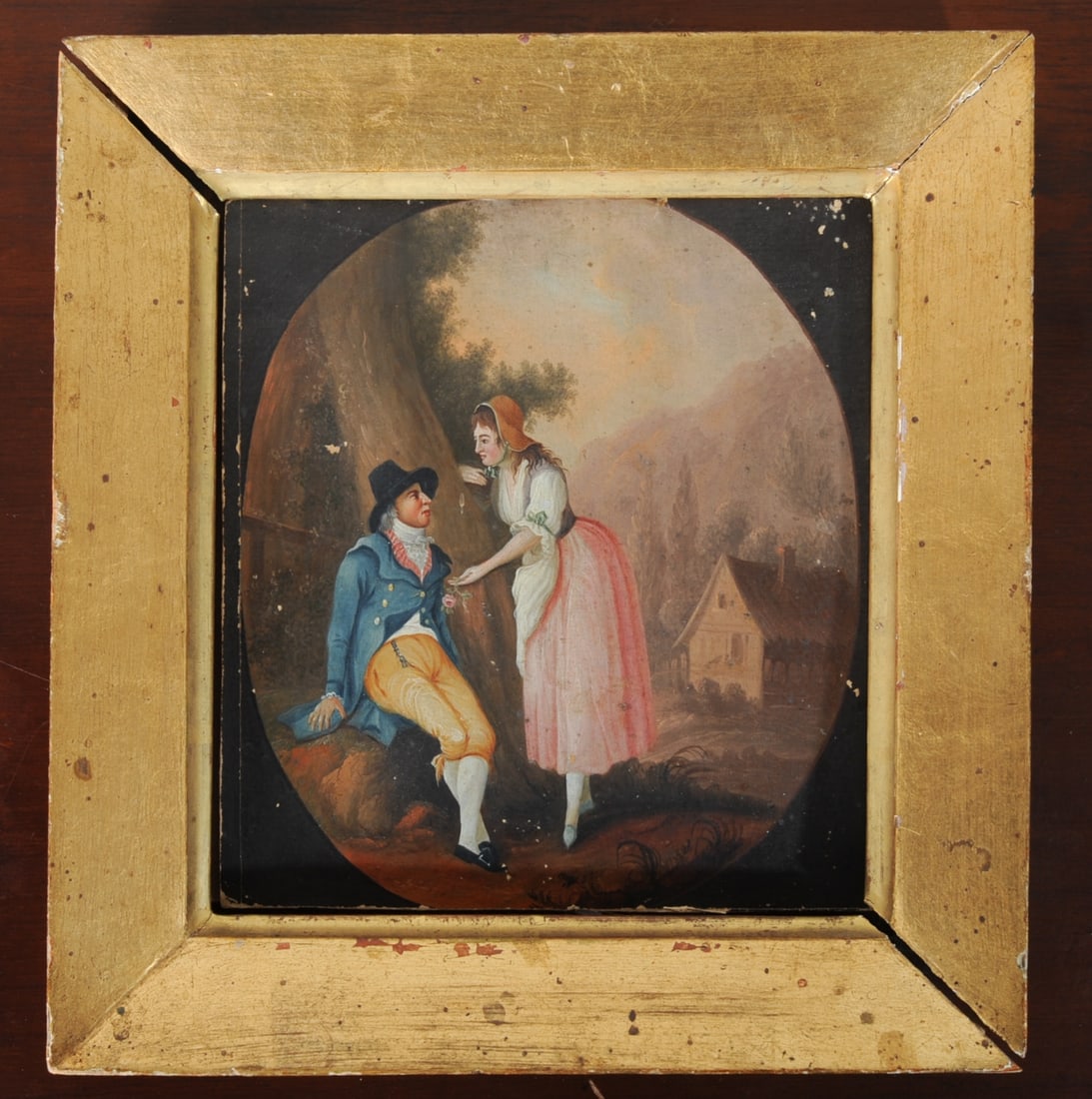 18th C. Central European School Miniature Painting: Oil on paperboard genre scene showing a courting couple in a rural landscape. Painting in thin oils on layers of handmade laid rag paper laminated together to form sturdy artist's board. A note tucked