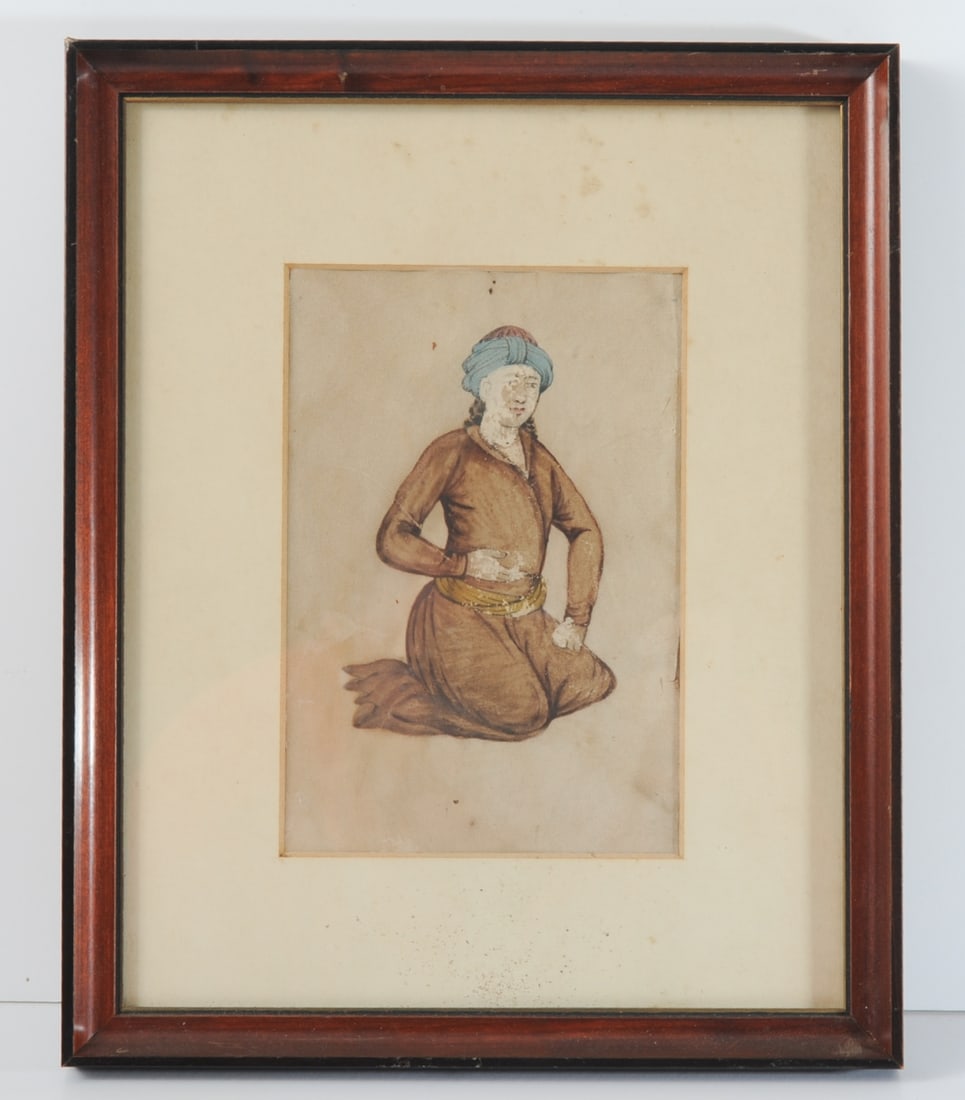 19th C. Ottoman School Painting of Kneeling Man: c.1830-1880 watercolor and gouache on paper with chalk-primed surface showing a kneeling man in traditional dress, blue turban. Likely a Persian influenced provincial Ottoman painting. As is common wi