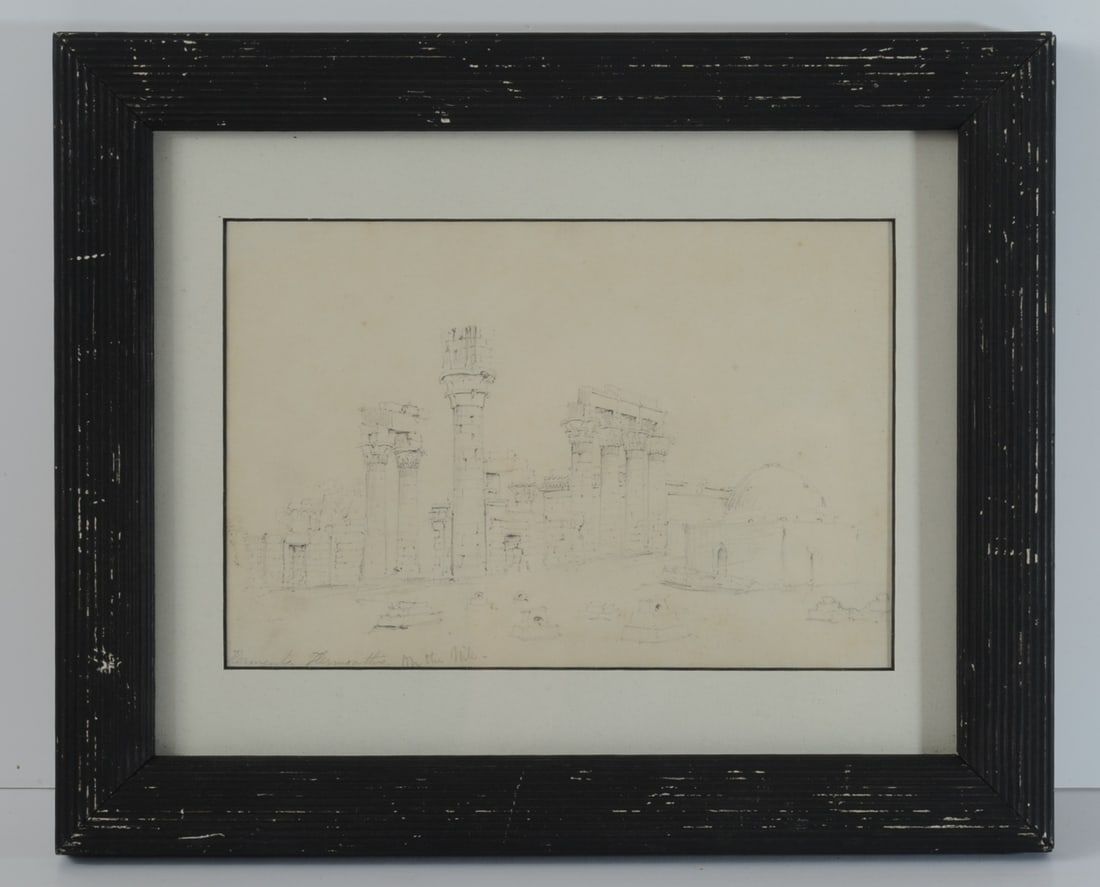 C. 1840 Drawing of Armant Temple on the Nile: Drawing in pencil on paper showing a view of the ruins of Hermonthis (modern Armant), Upper Egypt, drawn on site c.1840-50s. The ruins are by now largely gone, the stone reused for sugar factories, ra