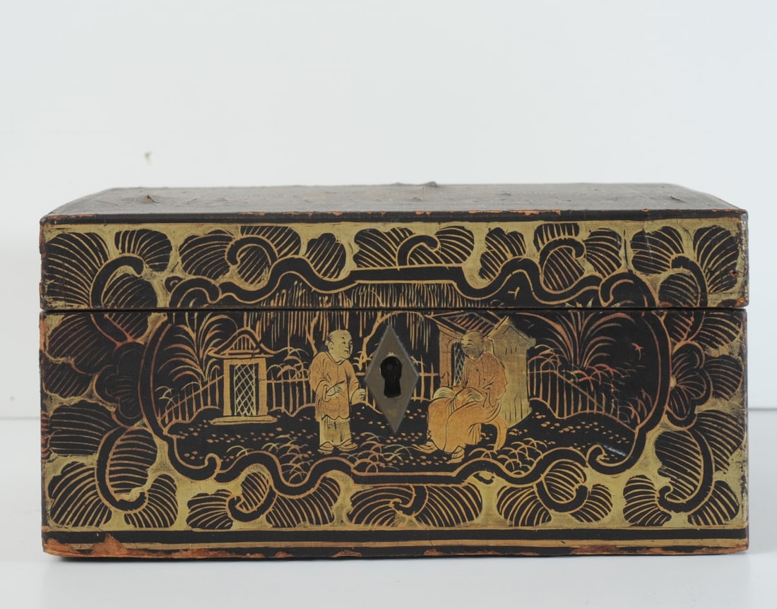 18th C. Chinese Export Lacquer Tea Caddy: C. 1760-1800 Rectangular tea caddy, the top and all sides decorated with cartouche showing figures and pagodas, surrounded by foliate borders. The interior has pewter lining and an engraved and stampe