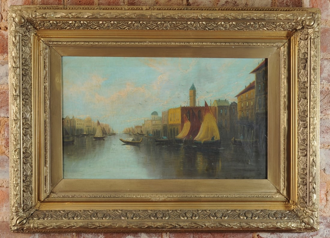 19th C. Venetian Canal Painting: Unsigned, depicting a canal scene with gondolas and sailboats, craquelure throughout, multiple old repairs and patches to the reverse, in gilt frame. Visible image: approx. 19 1/2" x 11 1/2". Frame: a