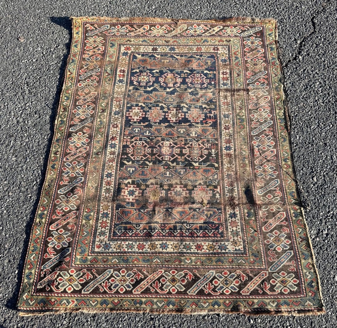 Vintage Caucasian Rug: Dimensions approx. 4'10" x 3'8. Our primary recommendation is to arrange shipping yourself using Blue Ridge Pack & Ship. Most bidders find this is the most economical route. Simply reach out to them u