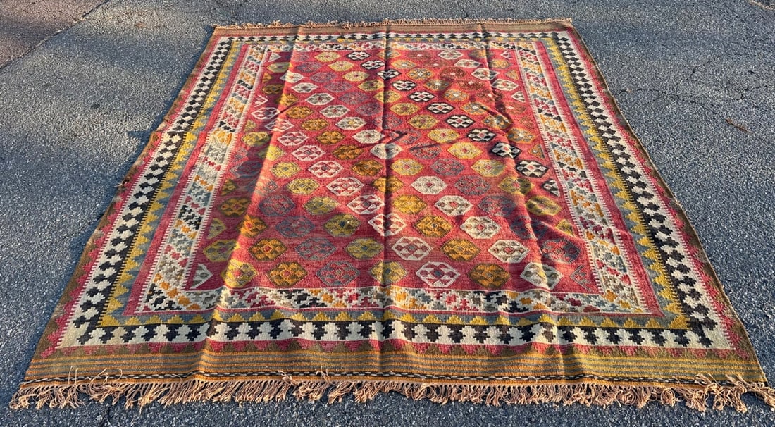 Vintage Turkish Kilim: Dimensions approx. 9'6" x 8'6". Our primary recommendation is to arrange shipping yourself using Blue Ridge Pack & Ship. Most bidders find this is the most economical route. Simply reach out to them u