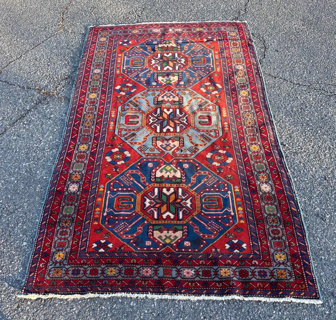 Vintage Caucasian Rug: Dimensions approx. 7'1" × 4' 3.5". Our primary recommendation is to arrange shipping yourself using Blue Ridge Pack & Ship. Most bidders find this is the most economical route. Simply reach out to th