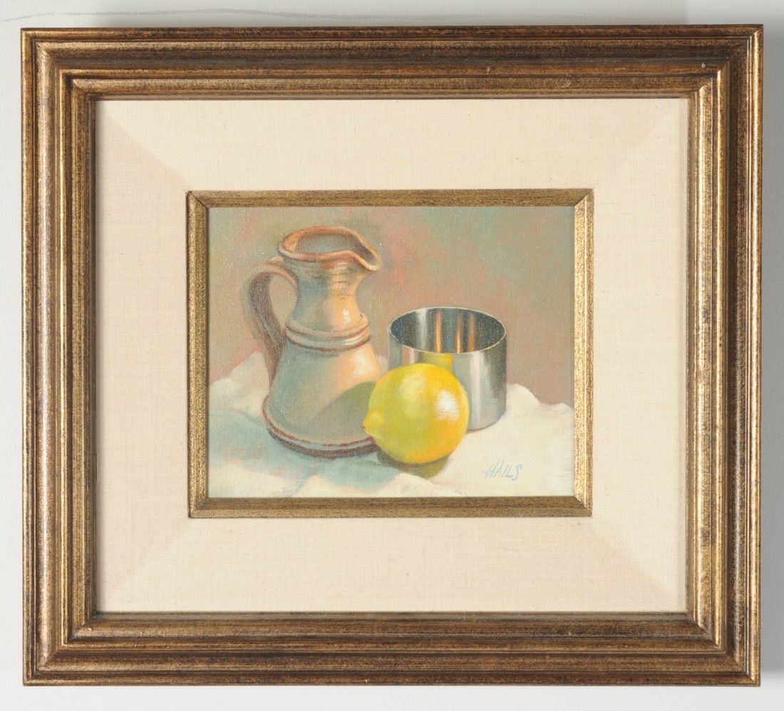 Barbara Gelderman Hails Oil on Canvas Still Life: A framed oil on canvas still life by American artist Barbara Gelderman Hails, titled and dated to verso - Pitcher, Lemon, Stainless Bowl 1984. Frame approx. 18 3/4" x 16 3/4". Sight approx. 9 1/2" x 7