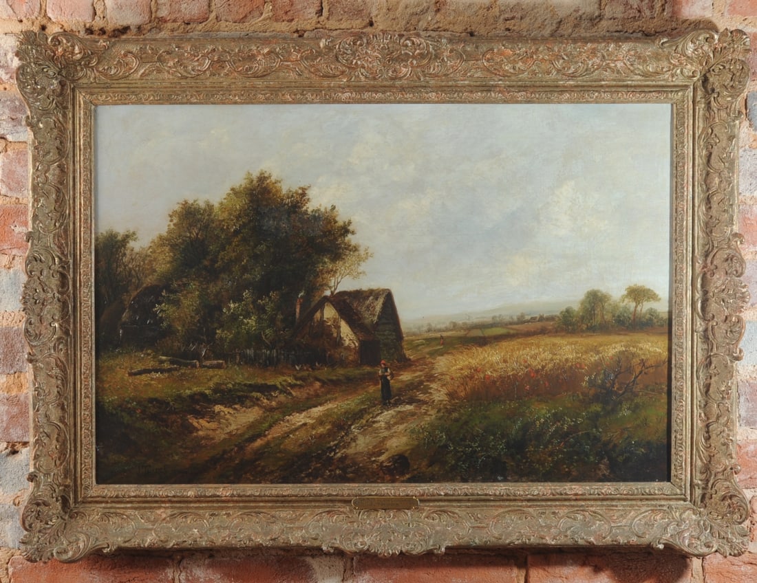 Joseph Thors (UK, 1835 - 1920): Large oil on canvas depicting a cottage and figures beside a wheatfield. Signed "J. Thors." lower left. Repaired. Frame approx. 36 1/2" x 26 1/2. Sight approx. 29 1/2" x 19 1/2". Our primary recommend