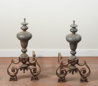 19th C. Heavy Andirons with Urn Finials