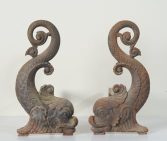 Pair Antique Dolphin Form Andirons