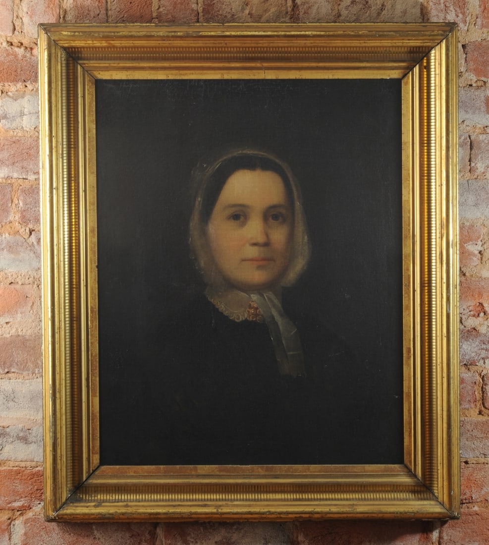 19th C. Oil on Canvas Portrait of a Lady: Mid 19th C. oil on canvas portrait of a lady. Frame approx. 31 1/4" x 26 1/4". Sight approx. 24 1/4" x 19 1/4". Our primary recommendation is to arrange shipping yourself using Blue Ridge Pack & Ship.