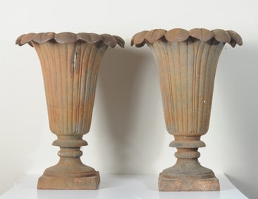 Pair of Neoclassical Cast Iron Garden Urns
