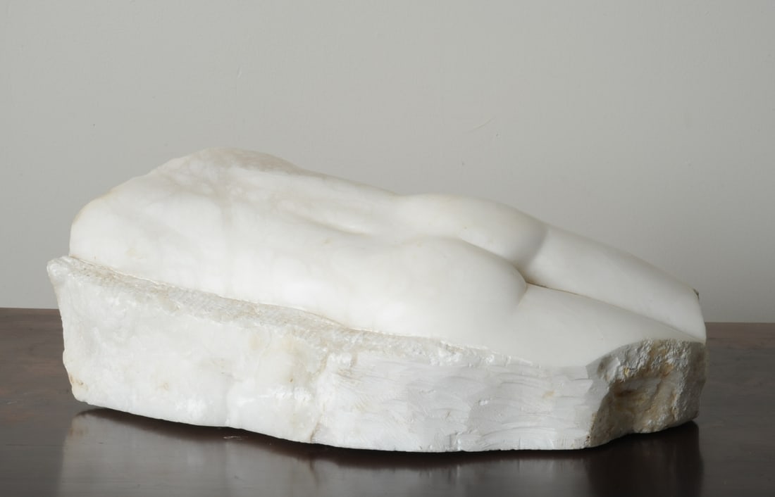 Carved Alabaster Female Torso Fragment: Carved alabaster sculpture fragment depicting the lower torso, hips, and upper thighs of a nude female figure, unsigned. Approx. 6" x 15" x 8". Our primary recommendation is to arrange shipping yourse