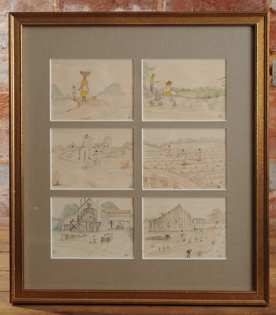 Six Miniature Watercolors, Rural Farm Scenes (1 of 8)