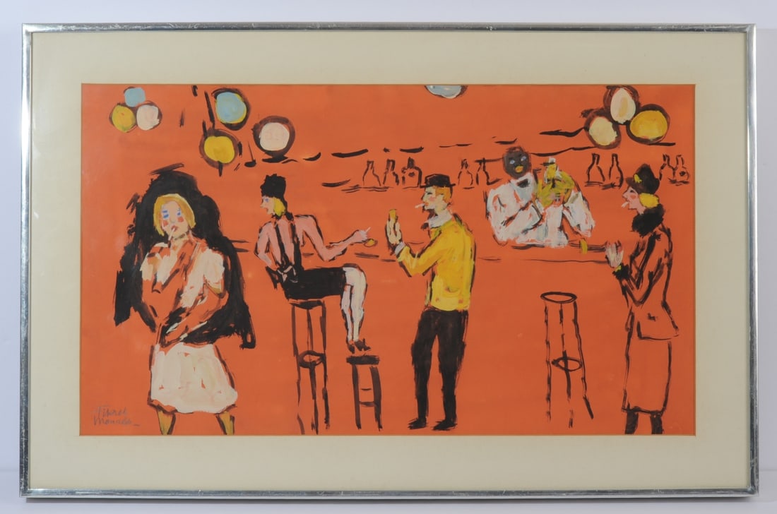 Fikret Mualla (Moualla) (1903–1967): Gouache on paper, Parisian café scene. Signed lower left “Fikret Moualla–.” Not examined out of frame. Light waviness/soft undulation to sheet visible in raking light under glass.Frame
