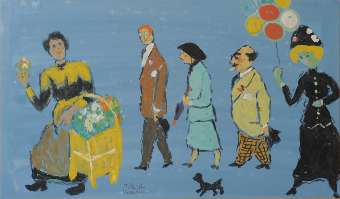 Fikret Mualla (Moualla) (1903–1967): Gouache on paper. Signed lower left “Fikret Moualla–.”Titled “Promenade to the fair” per Hart Galleries label on reverse. Not examined out of frame. Frame approx. 25 3/8" x 16 3/8".