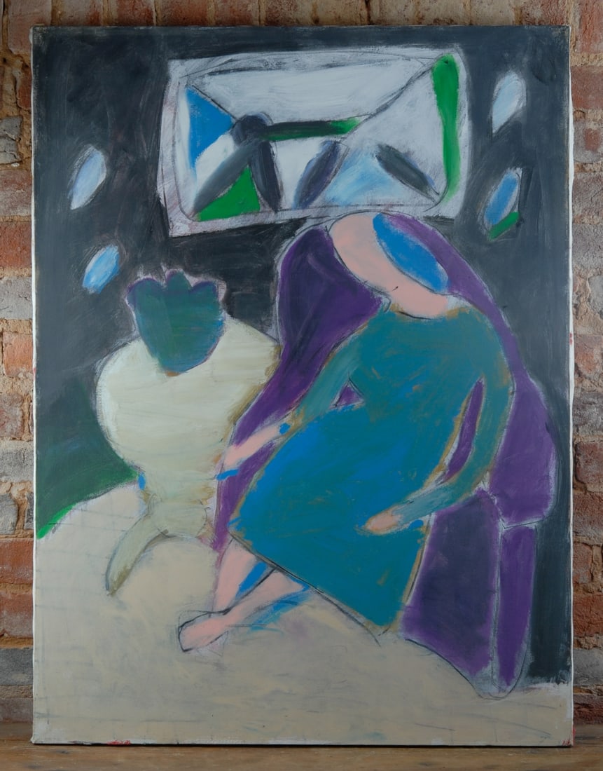 Ted Turner (1922 - 2002, Virginia): Abstract oil on canvas depicting a seated figure in a darkened interior by Theodore Roy "Ted" Turner. Unsigned. Turner was Associate professor of art at the University of Virginia. His wife was the ar