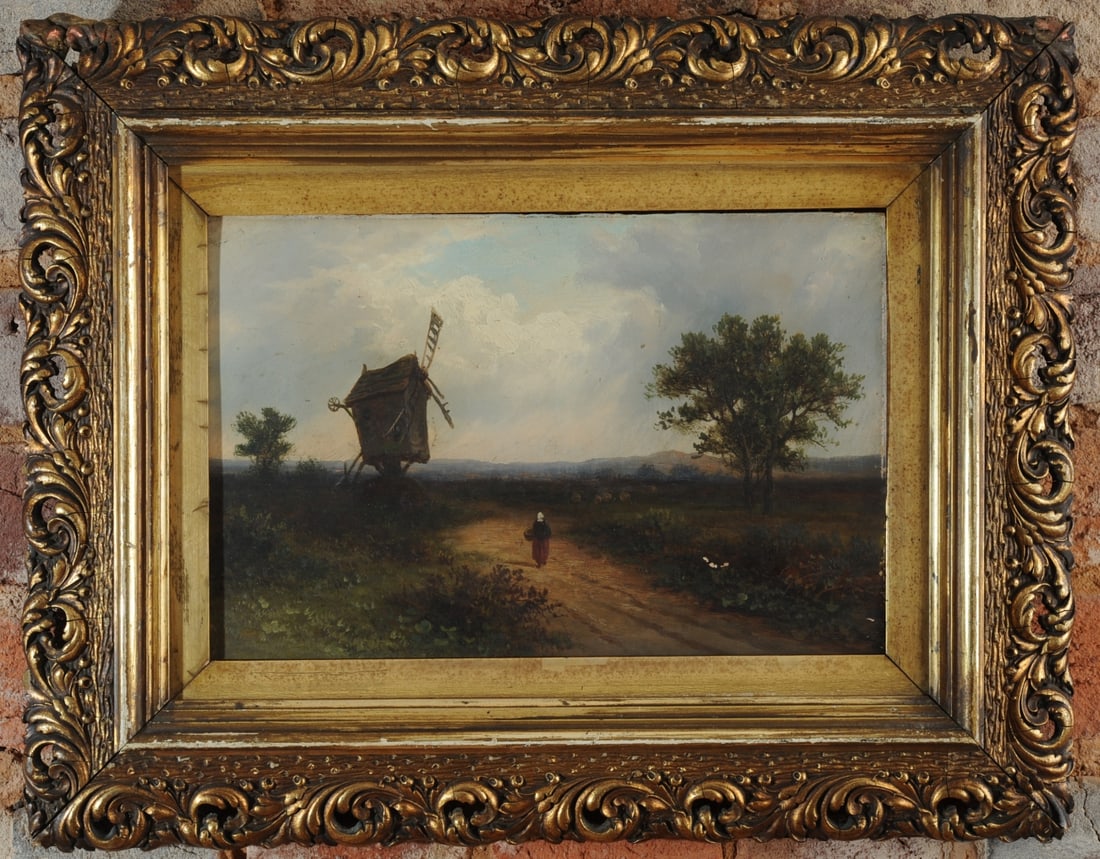 19th C. Oil Painting Landscape w/ Windmill (1 of 8)