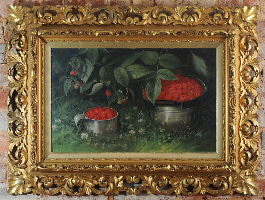 Eleanor Ecob Morse (American, 1837 - 1921): Oil on board depicting raspberries arranged in metal vessels set among foliage and groundcover, signed E. E. Morse lower right, in gilt frame. Visible image: approx. 21 1/2" x 13 1/2". Frame: approx.
