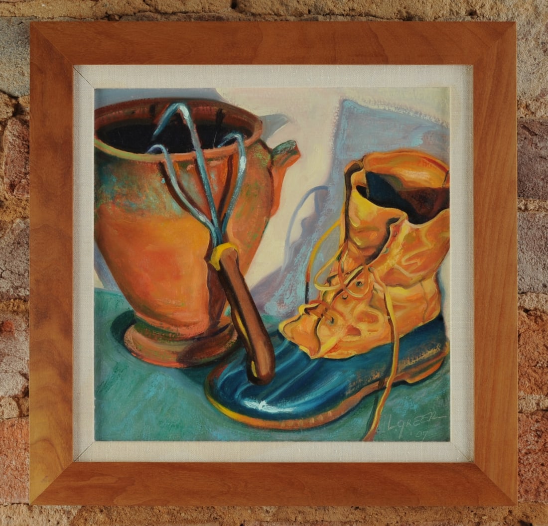 21st C. Oil on Board Still Life: 21st century oil on board still life by Louise Greer, titled "Boot." Signed and dated (07) lower right.Frame approx. 14" x 14". Sight approx. 10 3/8" x 10 3/8".095979-065 Our primary recommendation is