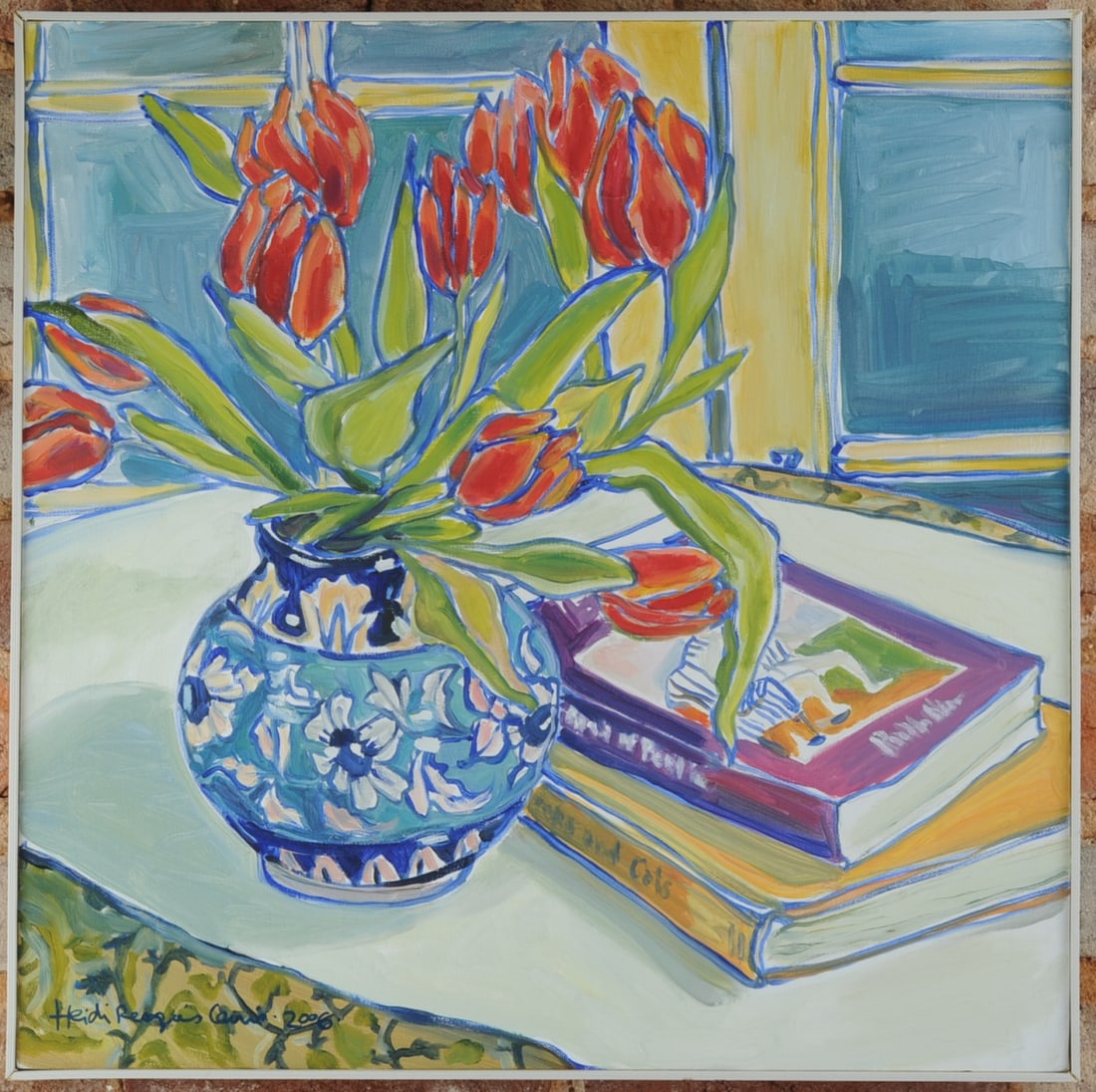 Tulips, Books, Window - Oil on Canvas: Oil on canvas still life titled "Tulips, Books, Window," by Heidi Reszies Lewis. Signed and dated lower left (2006). Retains original gallery label on verso. Frame approx. 20 1/2" x 20 1/2". Sight app