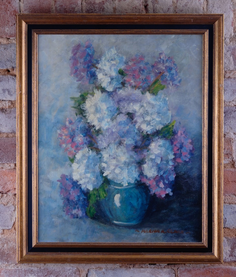 Marion A. Clark (USA, 20th century) Still Life: Oil on board depicting a floral still life, signed Marion A. Clark in red at lower right. Inscribed verso, “To: Margie S. Clark / Dearest Love / Arnie & Marion / July 23, 1977.” Framed. Visibl