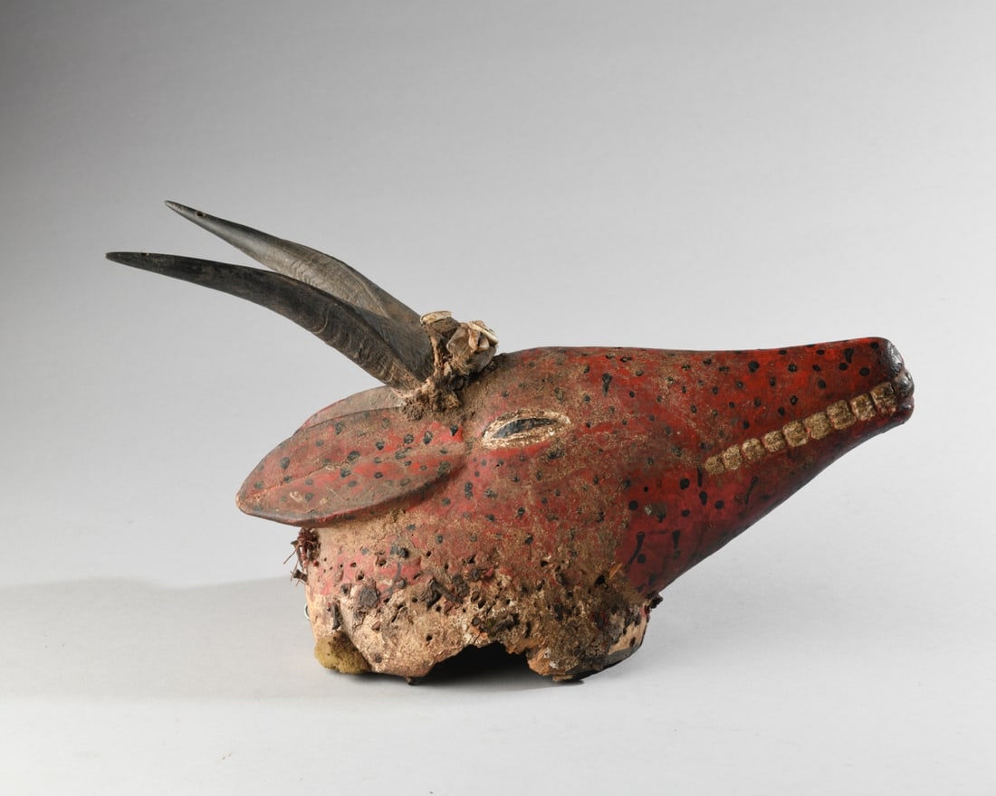 Antelope Crest Mask: African mask, made to be worn on the top of the head, hand carved and painted, red with black spots, long snout with toothy mouth, natural horns affixed with rope, fabric, and organic material and