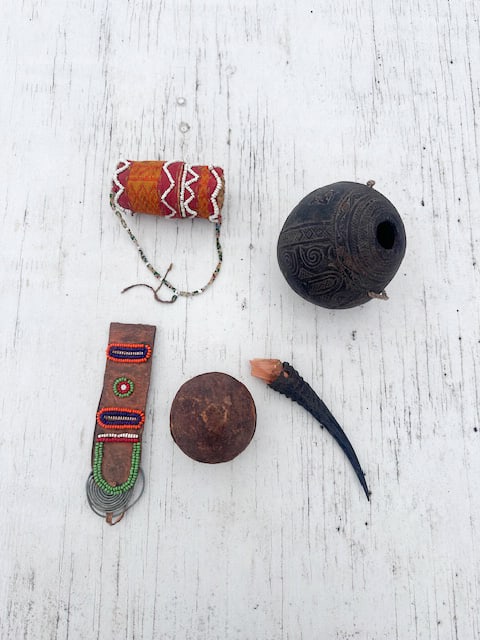 Ethnographic Container / Medicine Lot: To include a Sumatra (likely Bukittinggi area) carved coconut shell medicine container with (possibly associated) deer horn container or vessel, the coconut shell with carved lizards and geometric mot