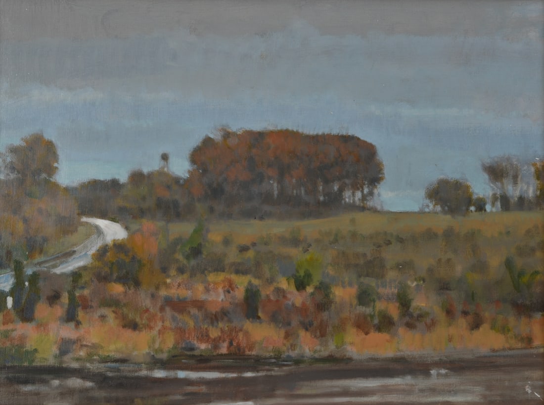 Richard Lewis Crozier (Virginia, Born 1944): Oil on masonite by Virginia artist Richard Lewis Crozier. Signed and inscribed to verso, "R. Crozier Rain, Culpepper 1998." A prolific artist of more than 3,000 works, Crozier taught at the