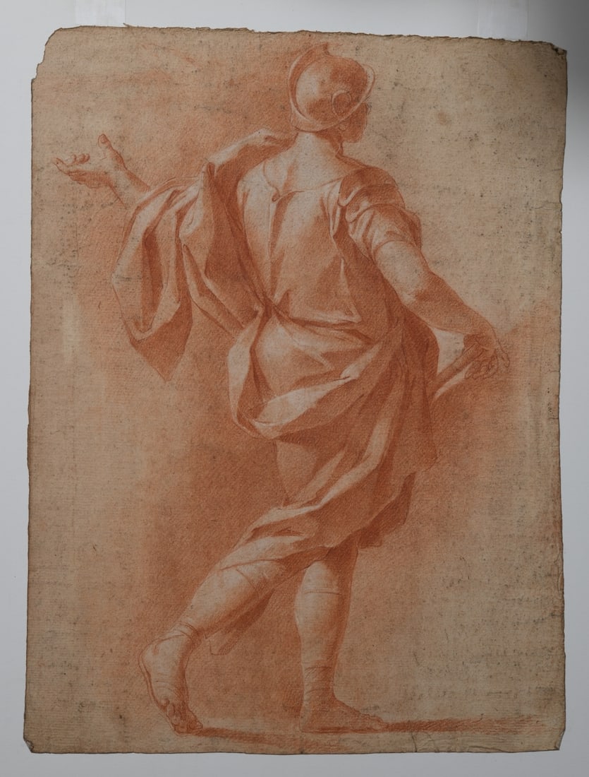 Italian School Drawing, 17th/18th C.: A vigorous and finely modeled Old Master figure study depicting a youthful helmeted warrior shown from a three-quarter rear view, advancing in dynamic contrapposto with billowing drapery and one arm