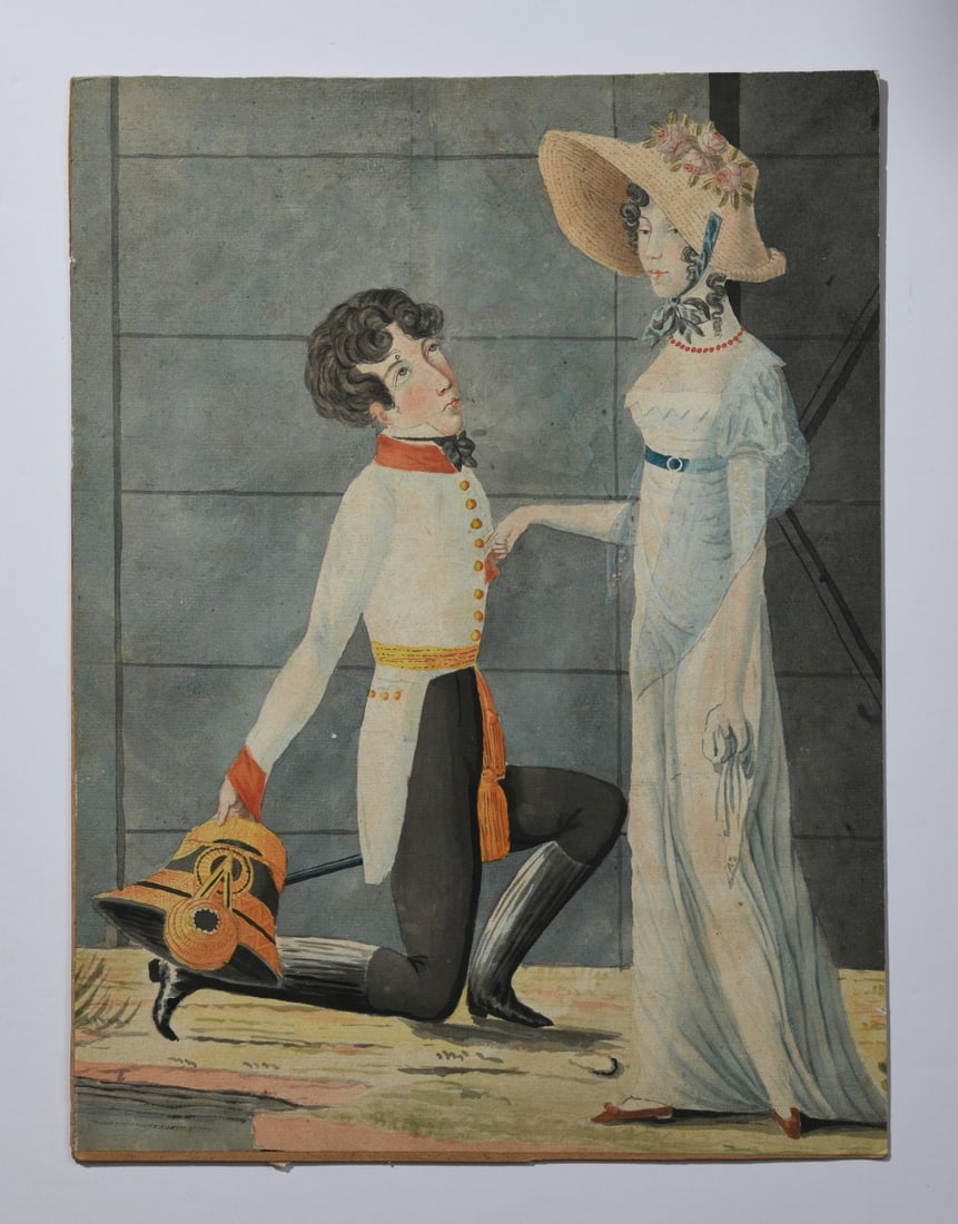 L 18th/E 19th C. Continental School Watercolor: A late 18th/early 19th century Continental watercolor depicting a uniformed officer kneeling before an elegantly dressed lady. Rendered in a charming and romanticized manner. Mounted to card,