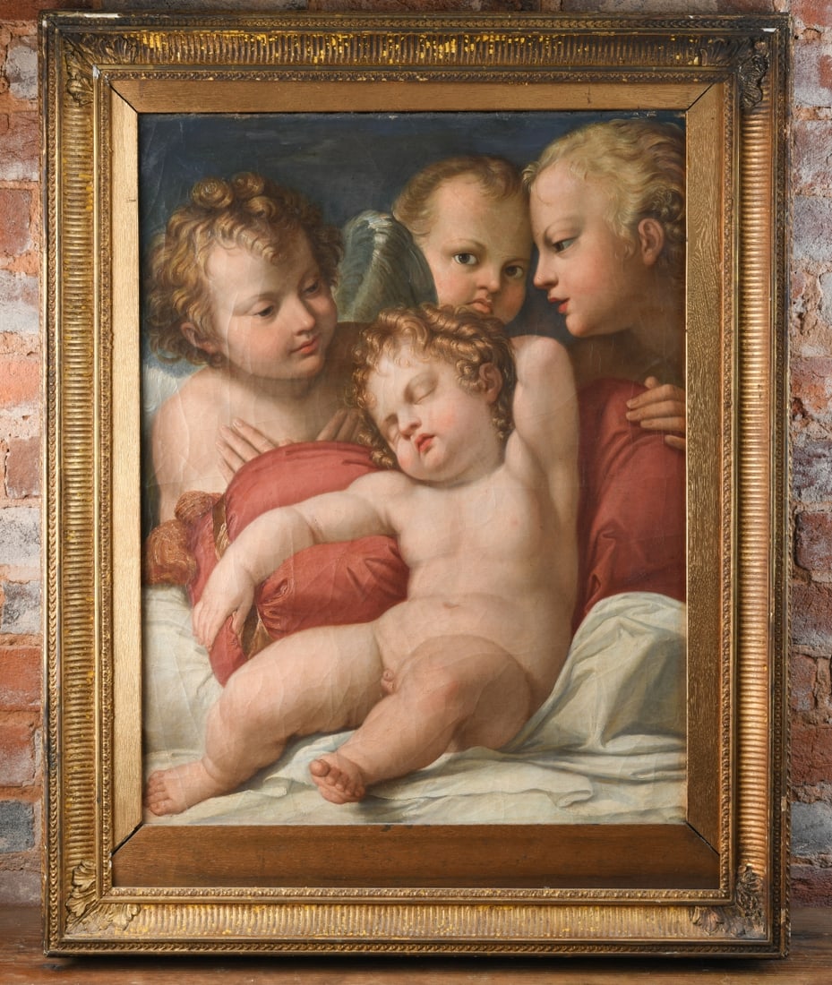 The Sleeping Christ Child with Attending Angels: Late 18th / early 19th century. Oil on canvas. Presented in a gilt frame. Unsigned. Frame approx. 35 3/4" x 28". Sight approx. 27" x 20 3/4". Acquired from Bruun Rasmussen, Copenhagen Auction 703, Nov