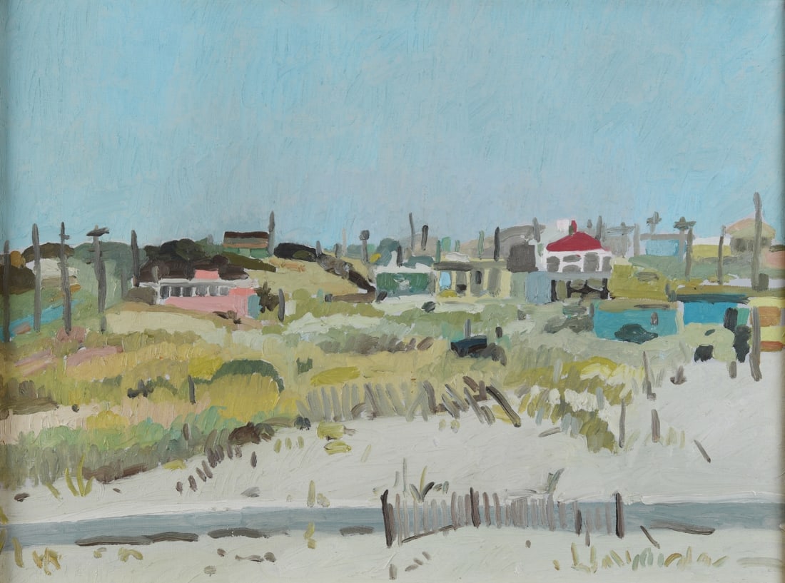 Theodore "Ted" Turner (1922-2002, Virginia): Oil on canvas beach scene by Theodore Roy "Ted" Turner. Unsigned. Turner was Associate professor of art at the University of Virginia. His wife was the artist Sally Turner. Frame approx. 25 3/4" x