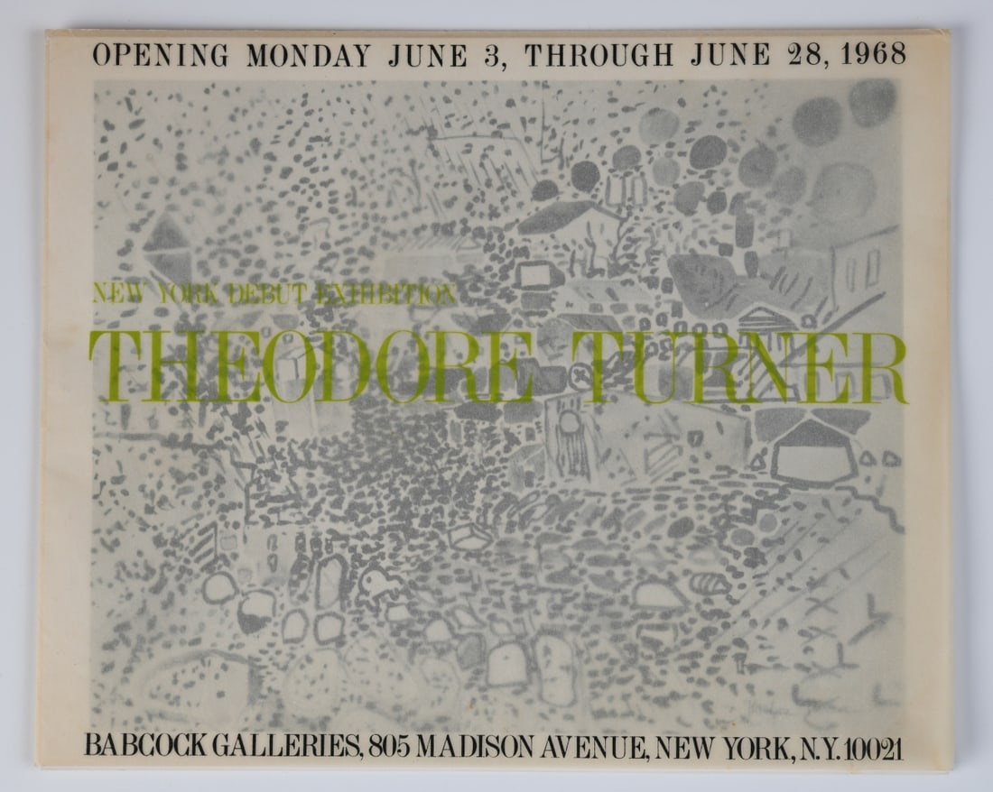Theodore "Ted" Turner New York Debut Exhibition: New York Debut Exhibition – Theodore Turner. Printed exhibition announcement / brochure for Turner’s first New York exhibition at Babcock Galleries, New York, June 3–28, 1968, with illustrated i