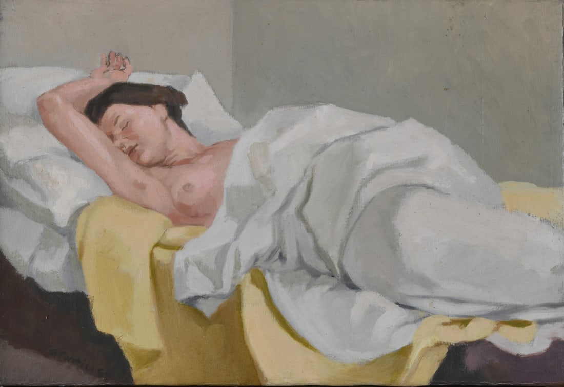 Bruno Civitico (American, 1942-2019): Oil on canvas depicting a reclining female nude draped with white cloth and set against a simplified interior ground rendered in muted tones, signed lower left, framed. Visible image: approx. 14 5/8"