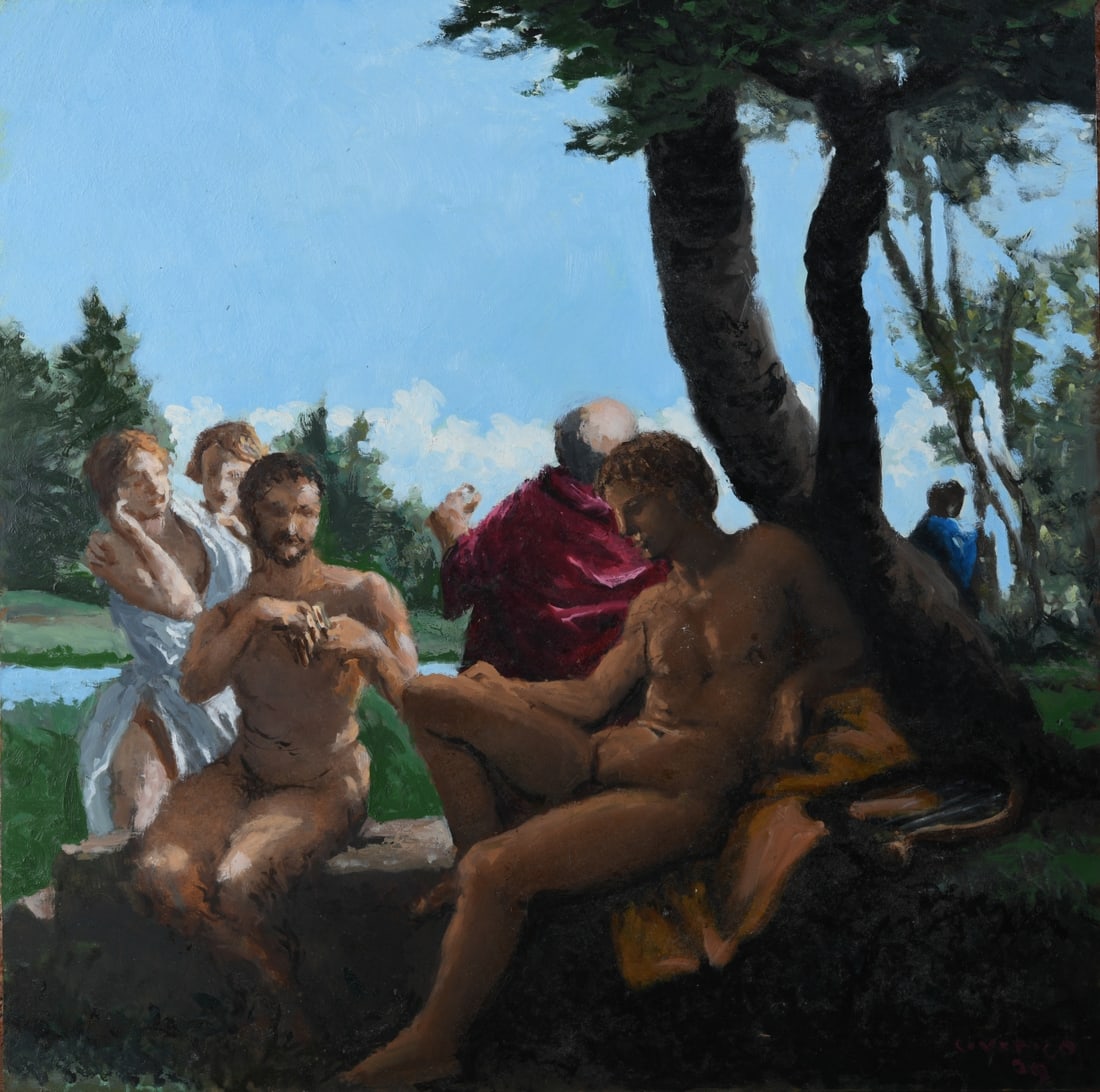 Bruno Civitico (American, 1942-2019): Oil on board depicting a classical mythological figural group in an Arcadian landscape. Signed and dated lower right (09). Dimensions approx. 16" x 16". Provenance: The Collection of David B. Lawall.