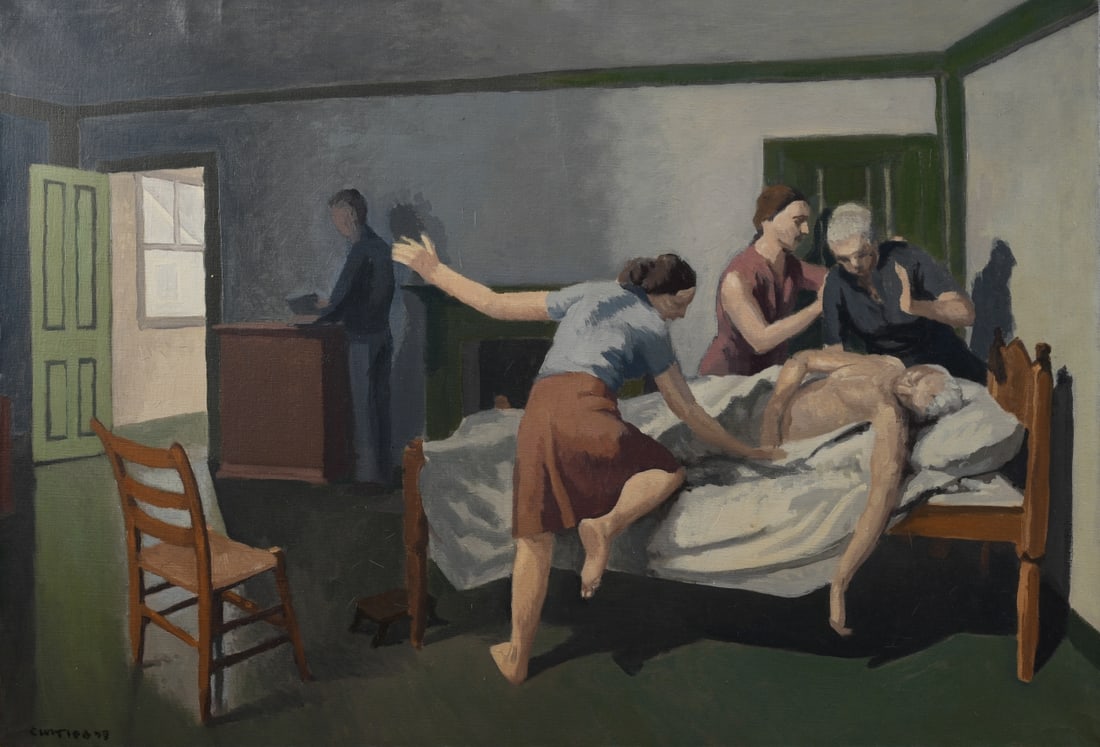 Bruno Civitico (American, 1942-2019): Oil on canvas signed and dated "Civitico ’73(?)", narrative interior scene depicting a reclining nude figure attended by three clothed figures at bedside, while another stands in the background